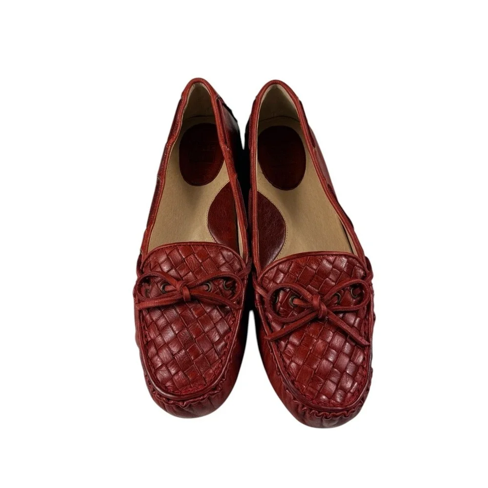 Frye Reagan Woven Burnt Red Leather Driving Loafers Womens 10M 72325 Bow NEW